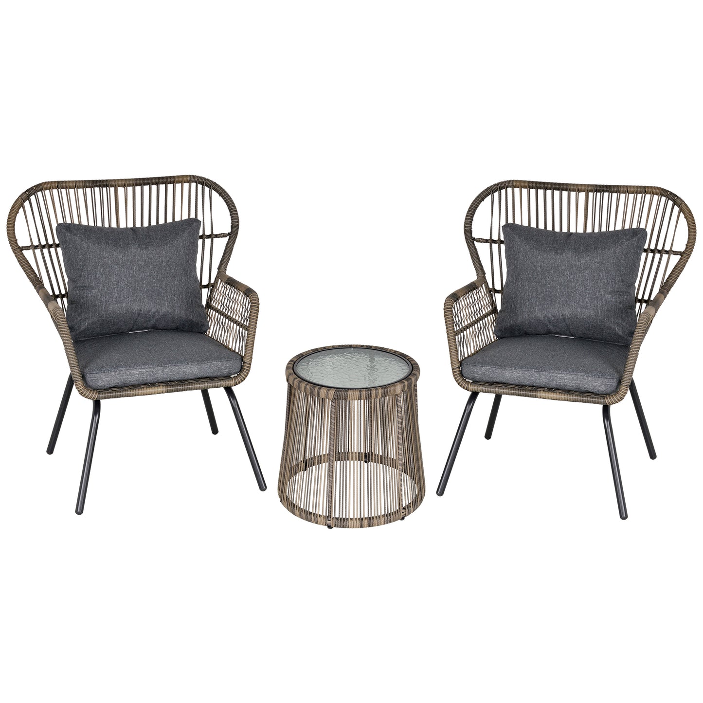 Lozifa Natural Rope 3 Piece Garden Bistro Set With Grey Cushions And Glass Coffee Table