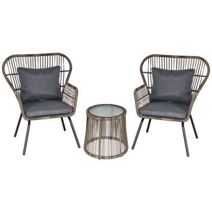 Lozifa Natural Rope 3 Piece Garden Bistro Set With Grey Cushions And Glass Coffee Table