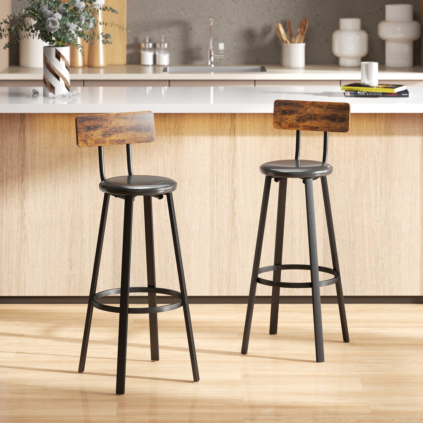 Namto Set Of 2 Brown And Black Industrial Steel Frame Bar Stools