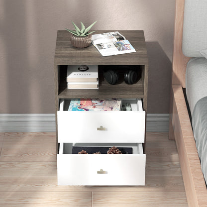 Cosana Grey and White Scandinavian Bedside Table With Drawers And Open Shelf