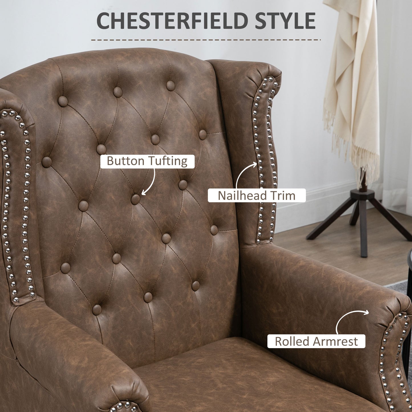 Selato Fabric Brown Wingback Accent Chair With Chesterfield Style Tufting And Nailhead Trim