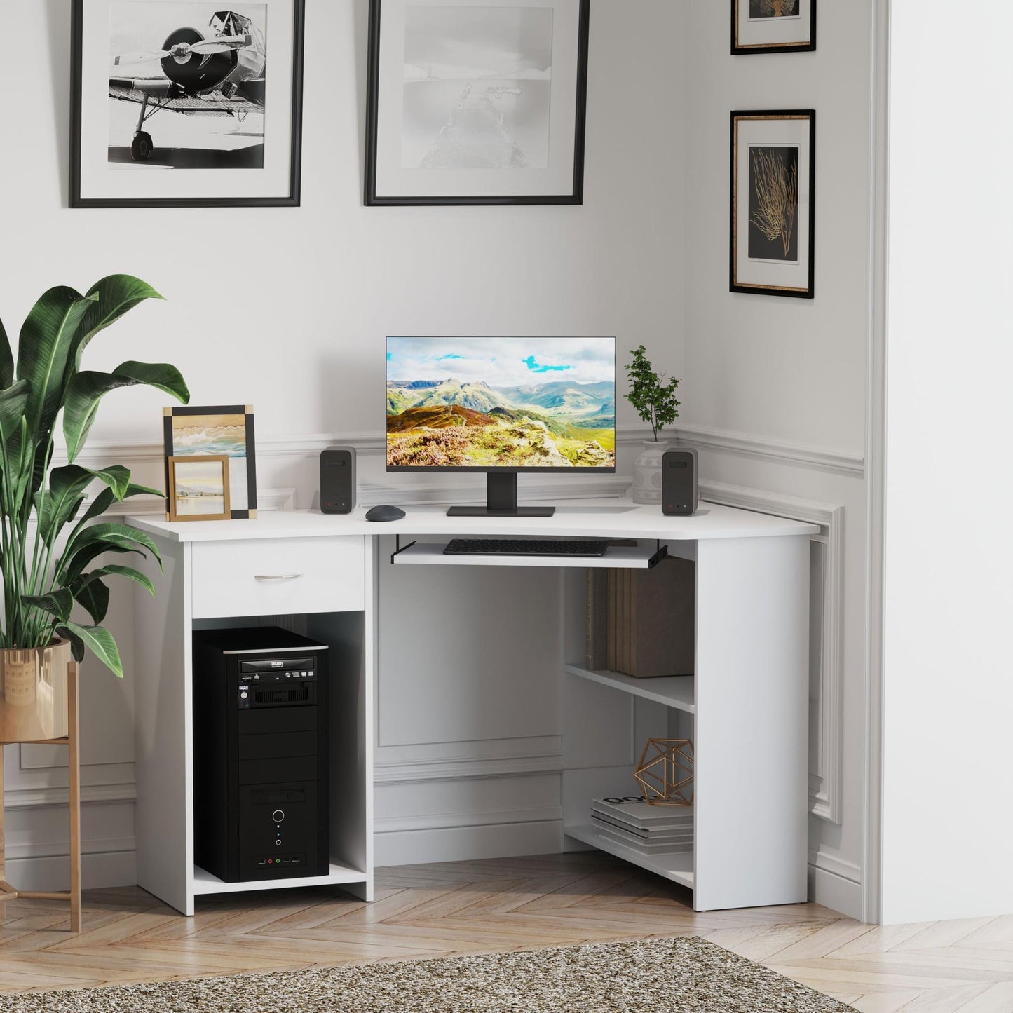 Bavise 120cm Wooden White L Shaped Corner Desk With Keyboard Tray Drawers