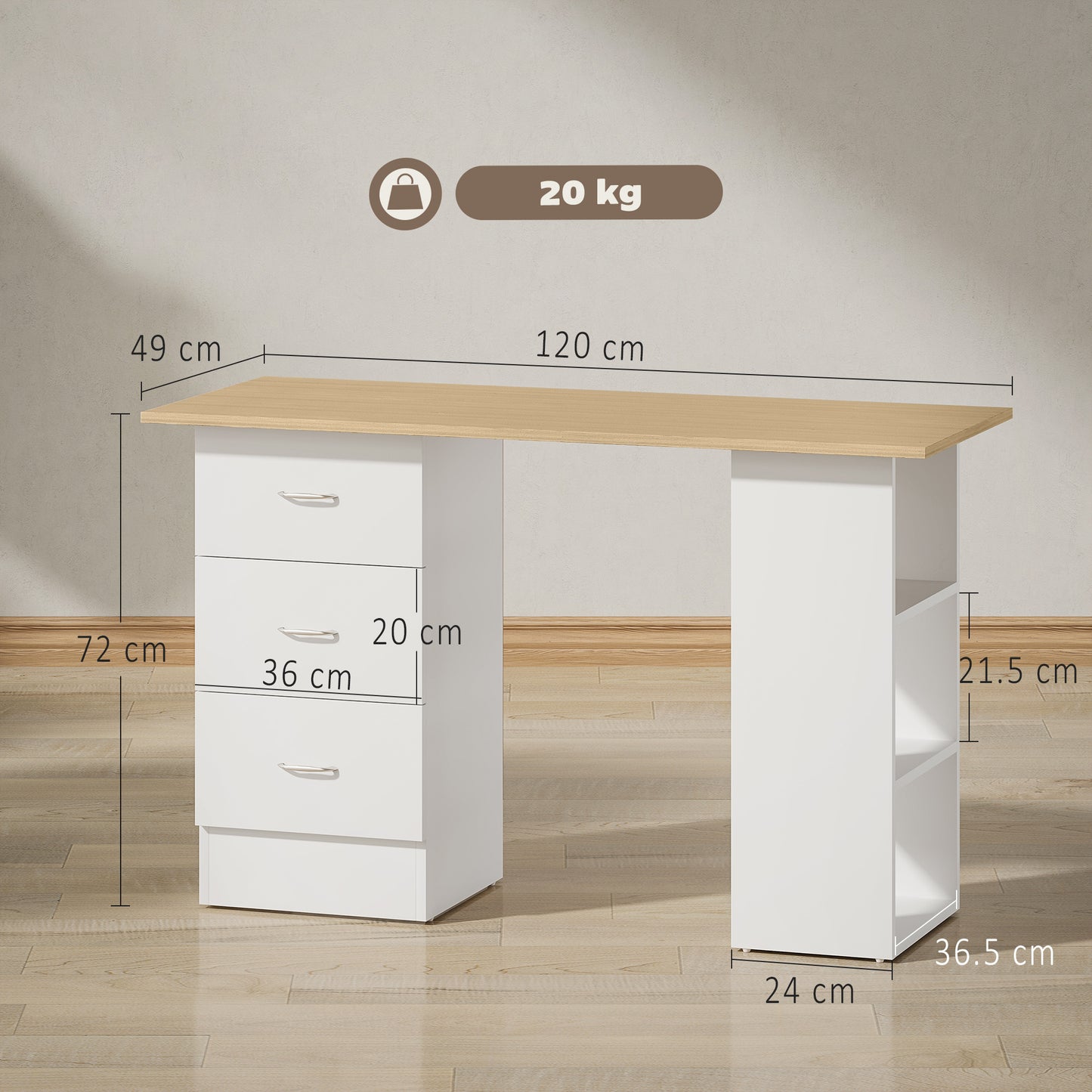 Vasave 120cm Wooden Natural And White Study Desk With 3 Side Shelves And 3 Drawers