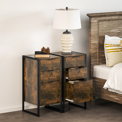 Naba Metal and Wood Rustic Brown Set Of 2 Industrial 3 Drawer Storage Bedside Tables