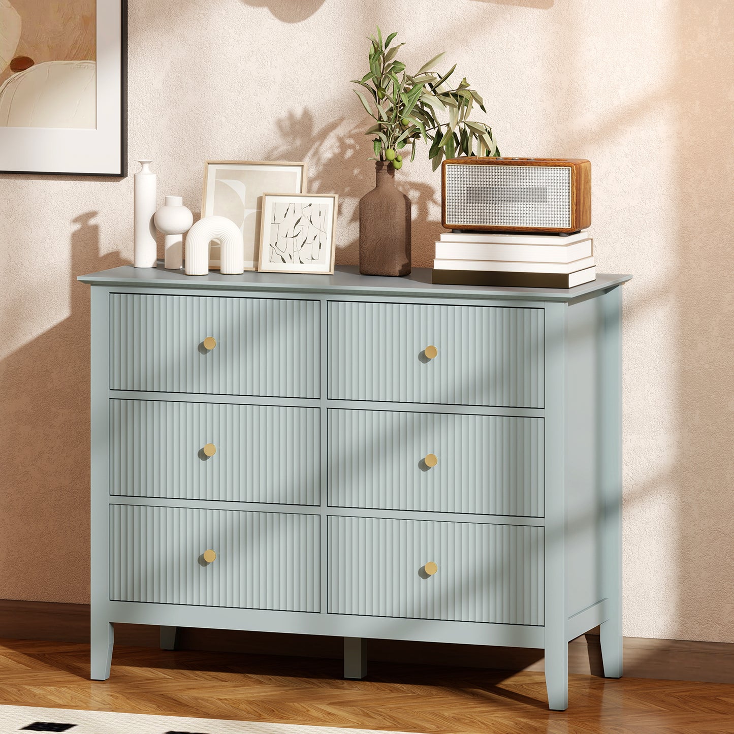 Visalo Wooden Mint Green 6 Drawer Fluted Storage Dresser