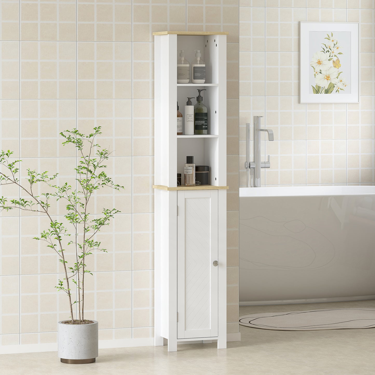 Nifael Favi Slim Bathroom Storage Cabinet With OFauxn Compartment And Adjustable Shelves White 34 x 23 x 165 cm