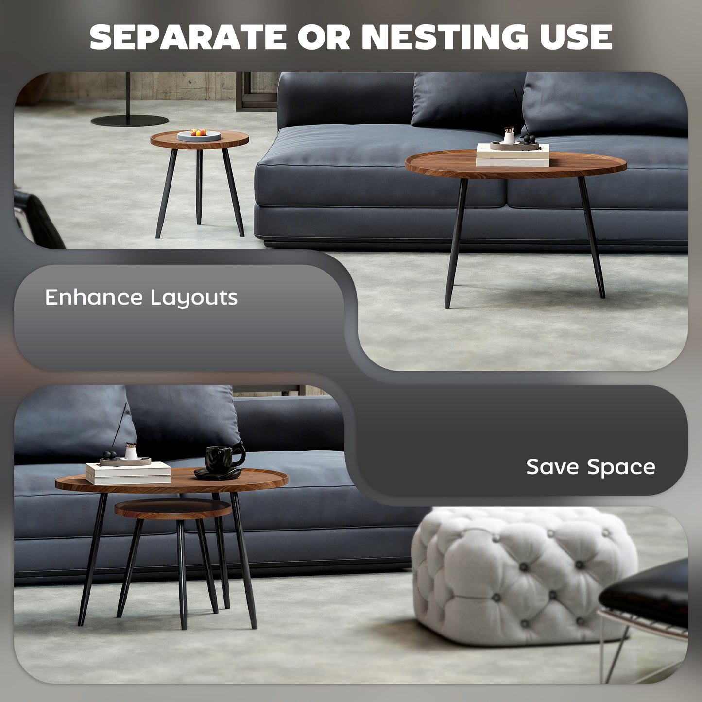 Suta Noni Metal And Wood Chestnut Finish Set Of 2 Nesting Coffee Tables 80 cm