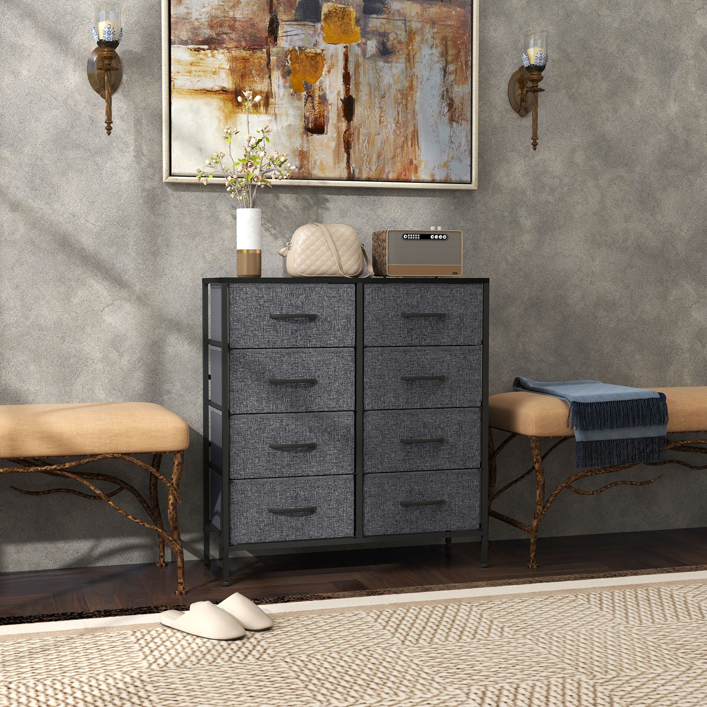 Sarofi Metal And Fabric Black 8 Drawer Industrial Storage Dresser With Steel Frame