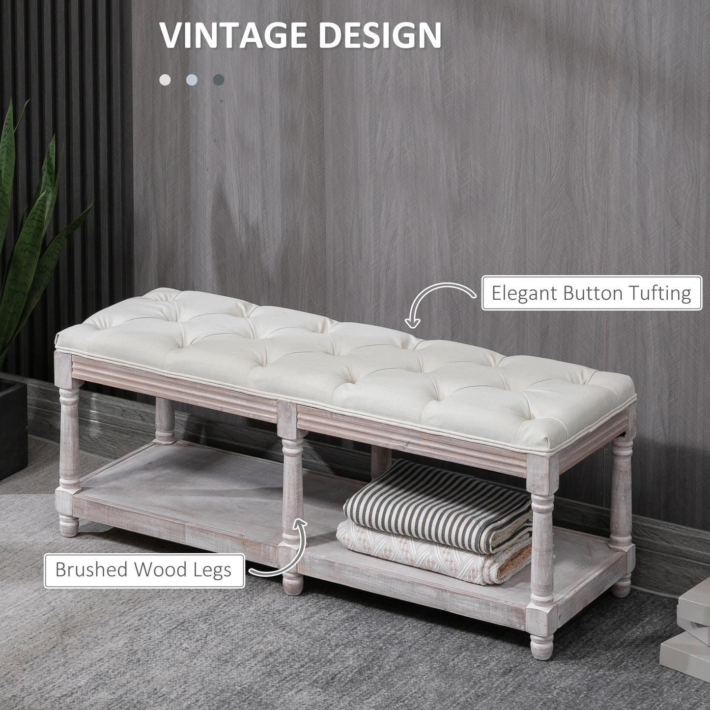 Lono Cream  2 Tier Vintage Style Bed End Bench With Storage Shelf Tufted Diamond