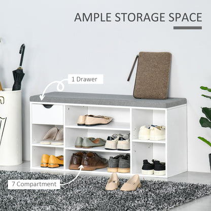 Yoke Wooden White Shoe Bench With Cushioned Seat 1 Drawer 7 Compartments