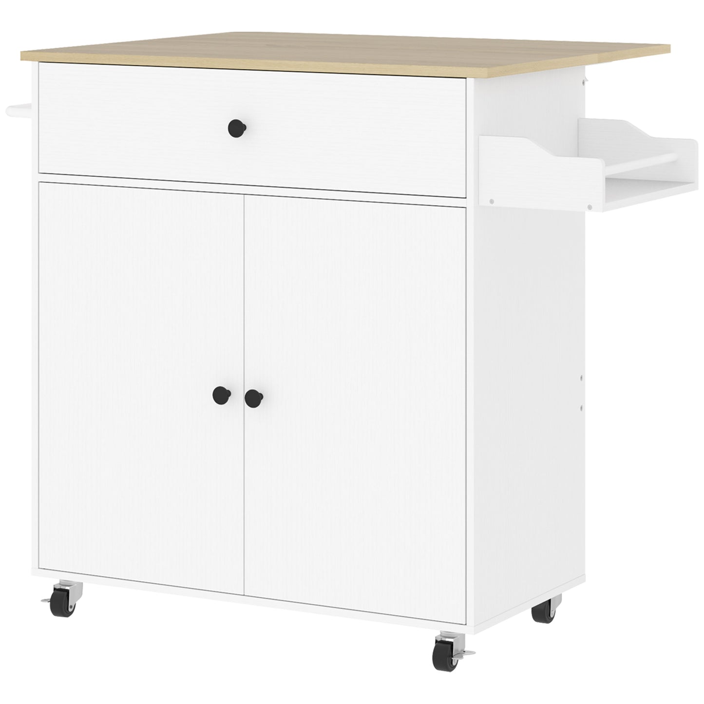 Seto Wooden White Rolling Kitchen Island With Drop Leaf Drawer Spice Rack And Towel Rail