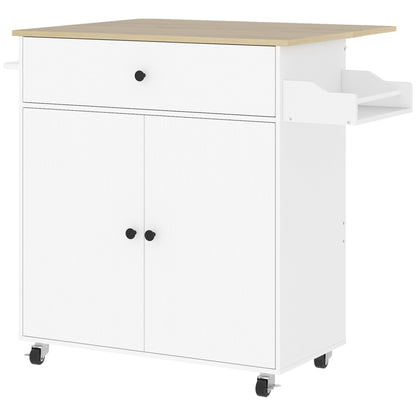 Seto Wooden White Rolling Kitchen Island With Drop Leaf Drawer Spice Rack And Towel Rail