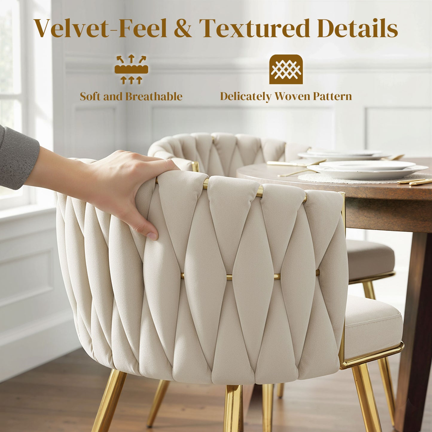 Sosura Set Of 2 Cream Velvet Upholstered Dining Chairs With Woven Back And Armrests