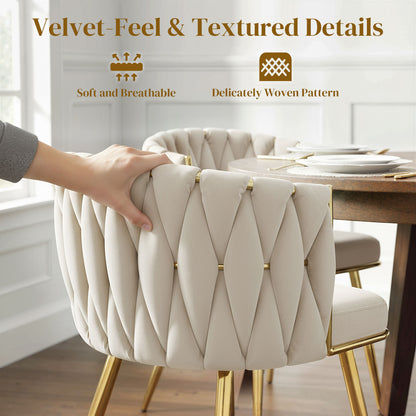 Sosura Set Of 2 Cream Velvet Upholstered Dining Chairs With Woven Back And Armrests