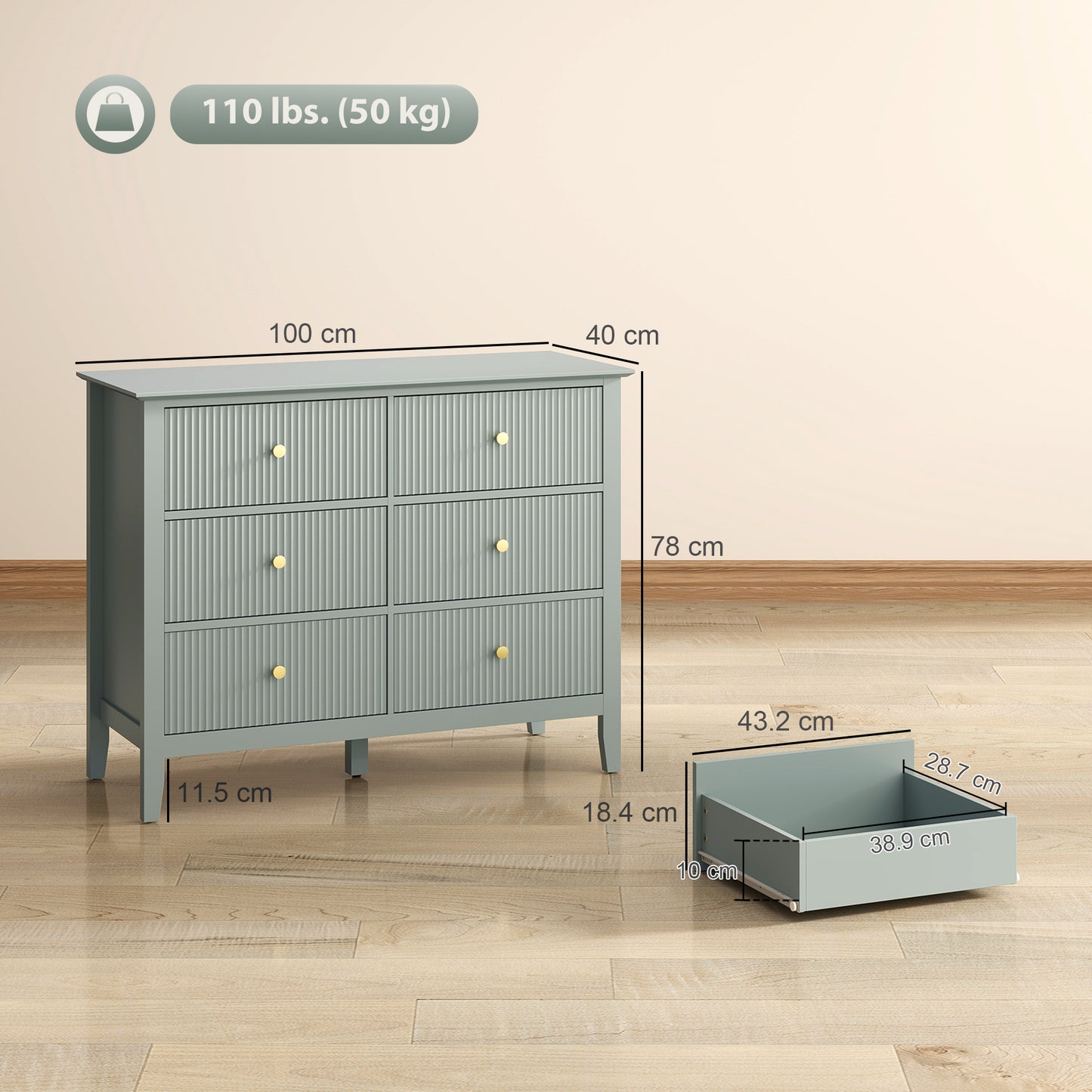 Visalo Wooden Mint Green 6 Drawer Fluted Storage Dresser