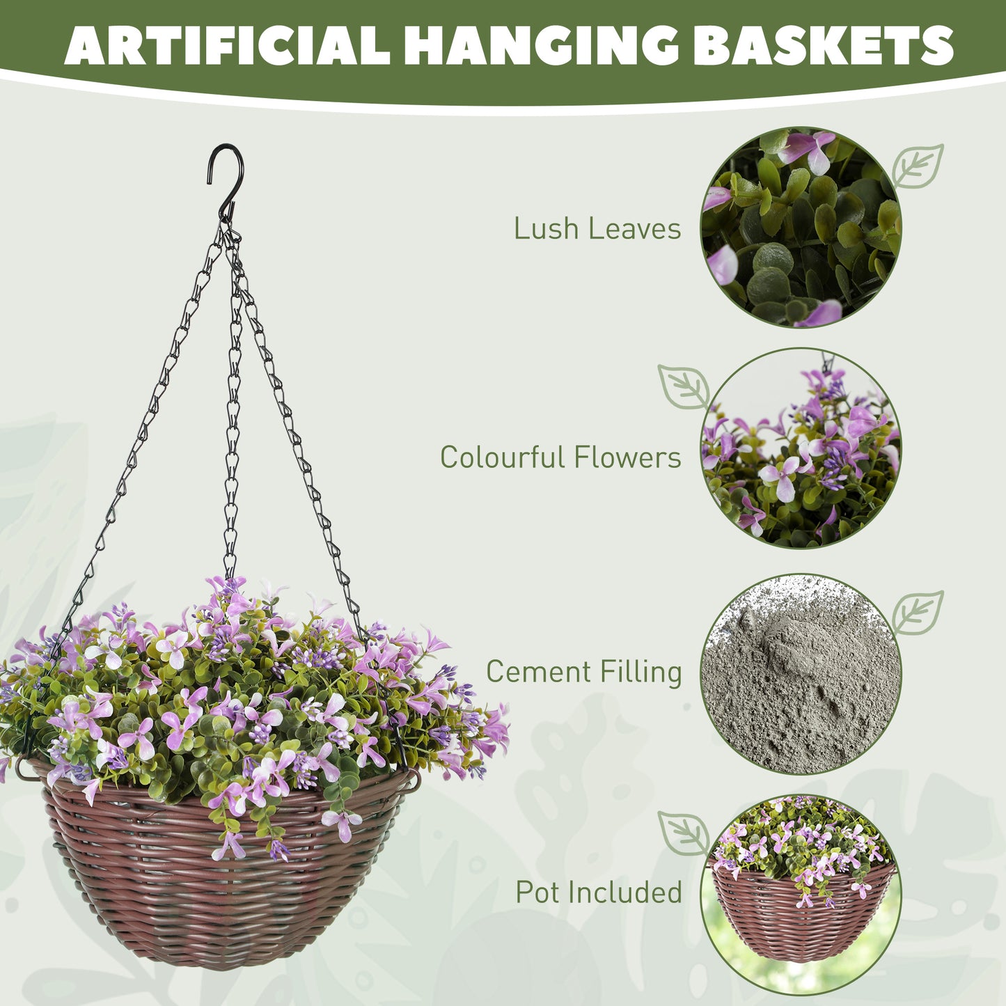 Fito Set Of 2 Hanging Artificial Flower Baskets With Mixed Leaves And Blooms For Indoor Display