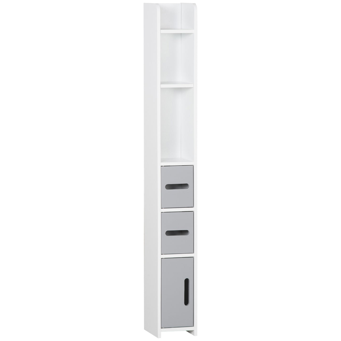 Dono Tall Freestanding Bathroom Storage Unit With OFauxn Shelves And Cupboards Grey