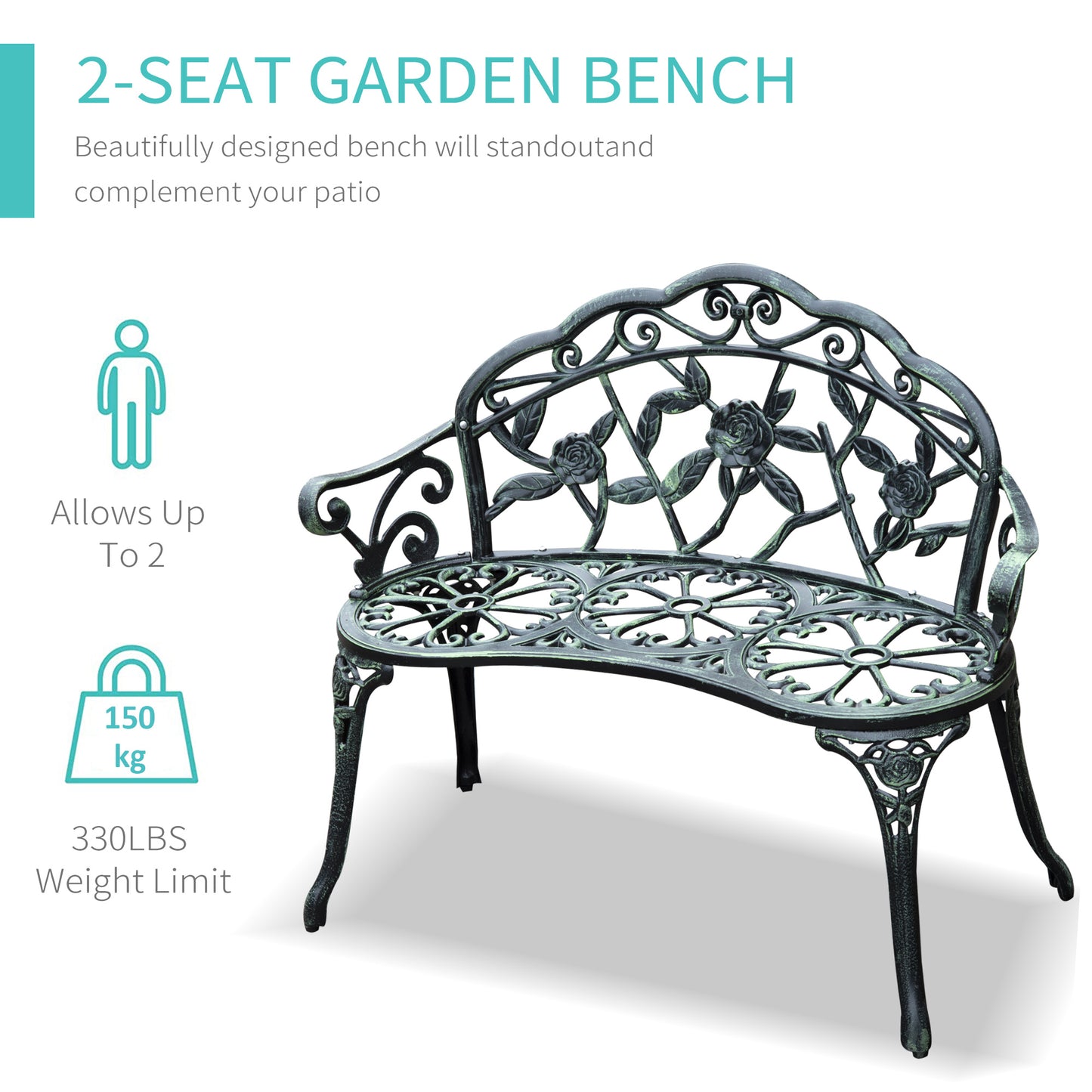 Rakeba Cast Aluminium Antique Green 2 Seater Garden Bench With Floral Backrest