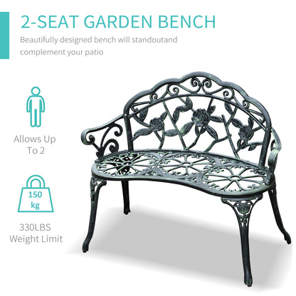 Rakeba Cast Aluminium Antique Green 2 Seater Garden Bench With Floral Backrest