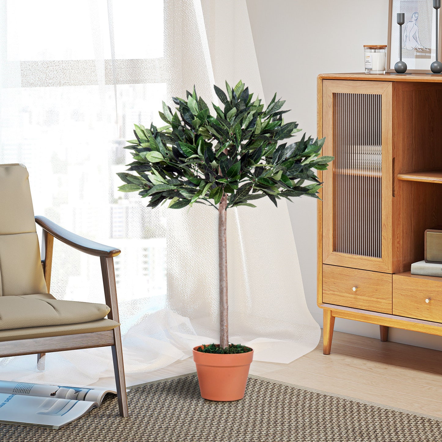 Niladi Artificial Olive Style Tree In Green With Orange Accent Pot For Interior Decor