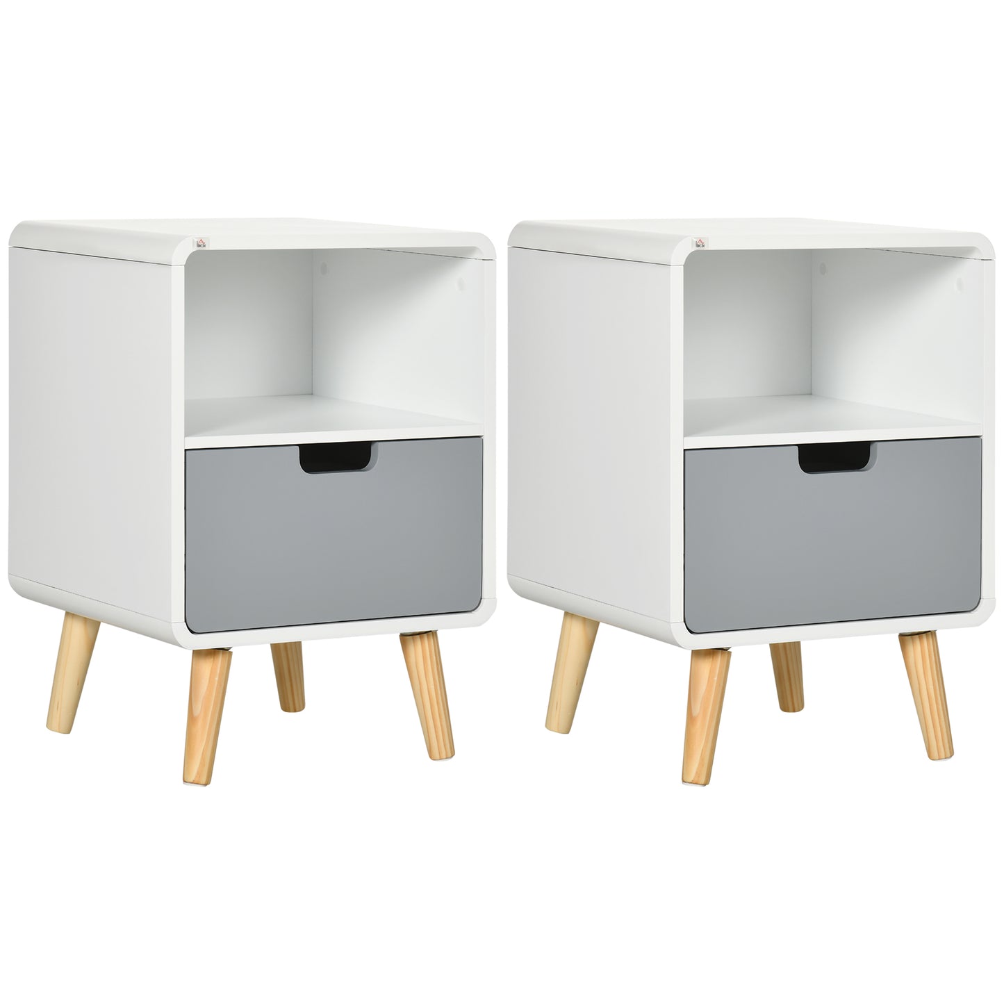 Neselo Yozi Set Of 2 Scandinavian Style Wooden Bedside Tables With Drawer And Shelf