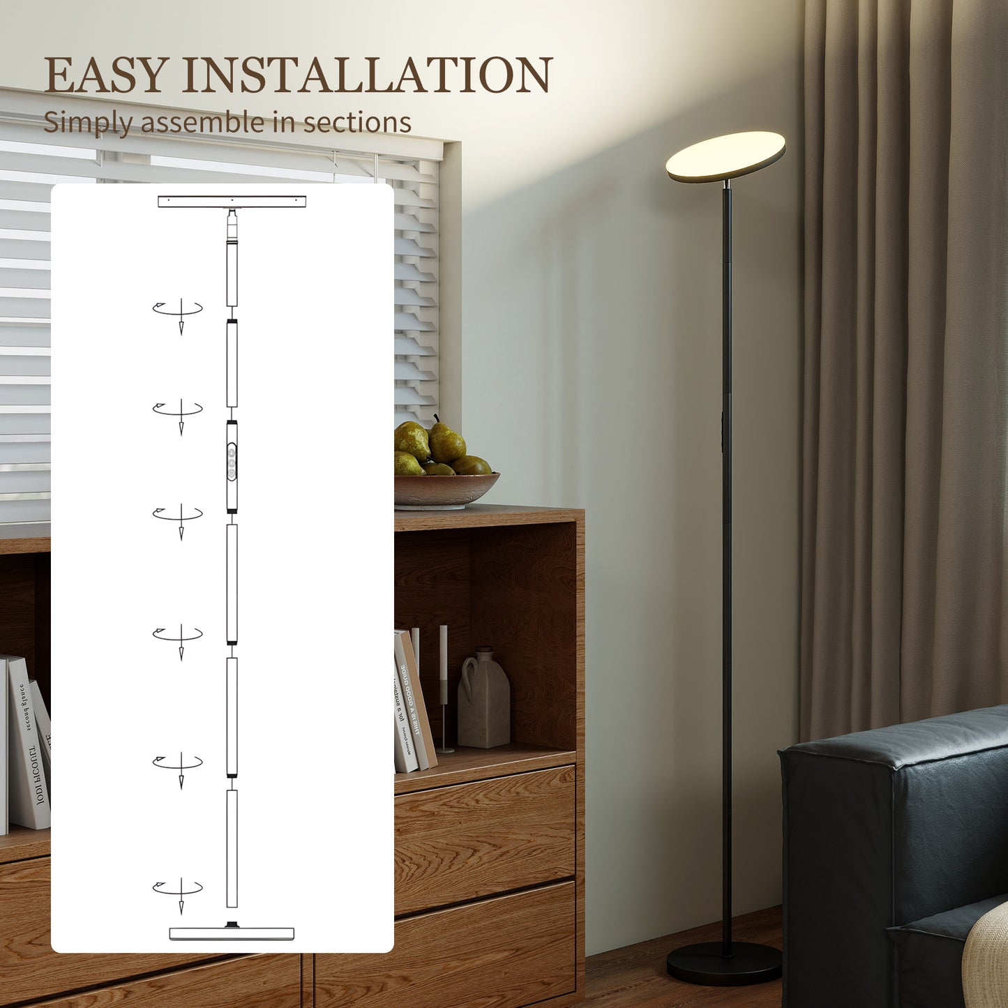 Niba Metal Black LED Uplighter Floor Lamp With Remote Touch Control And Adjustable Head