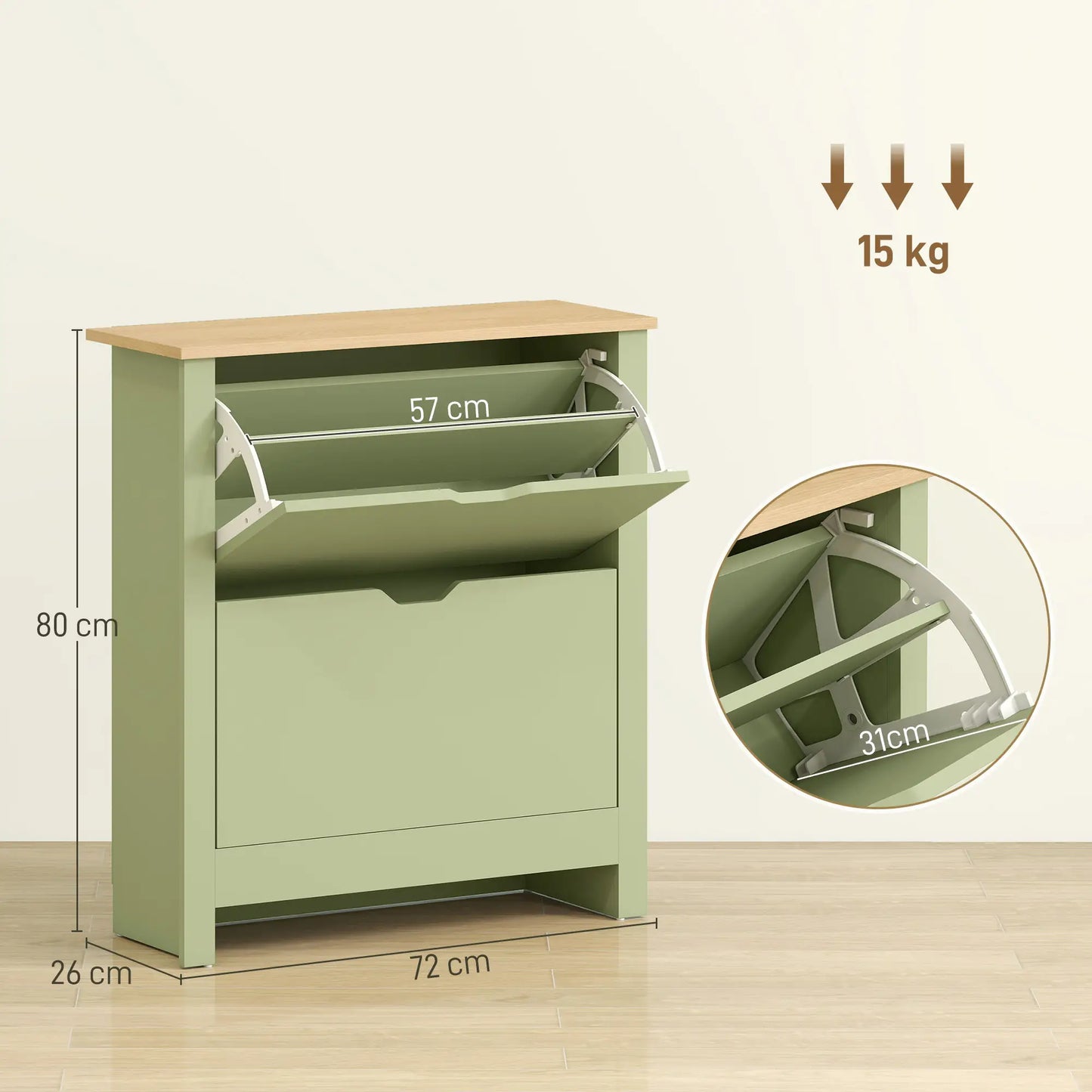 Wooden Green Slim Shoe Cabinet With 2 Flip Drawers For 12 Pairs