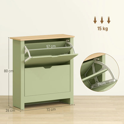 Wooden Green Slim Shoe Cabinet With 2 Flip Drawers For 12 Pairs