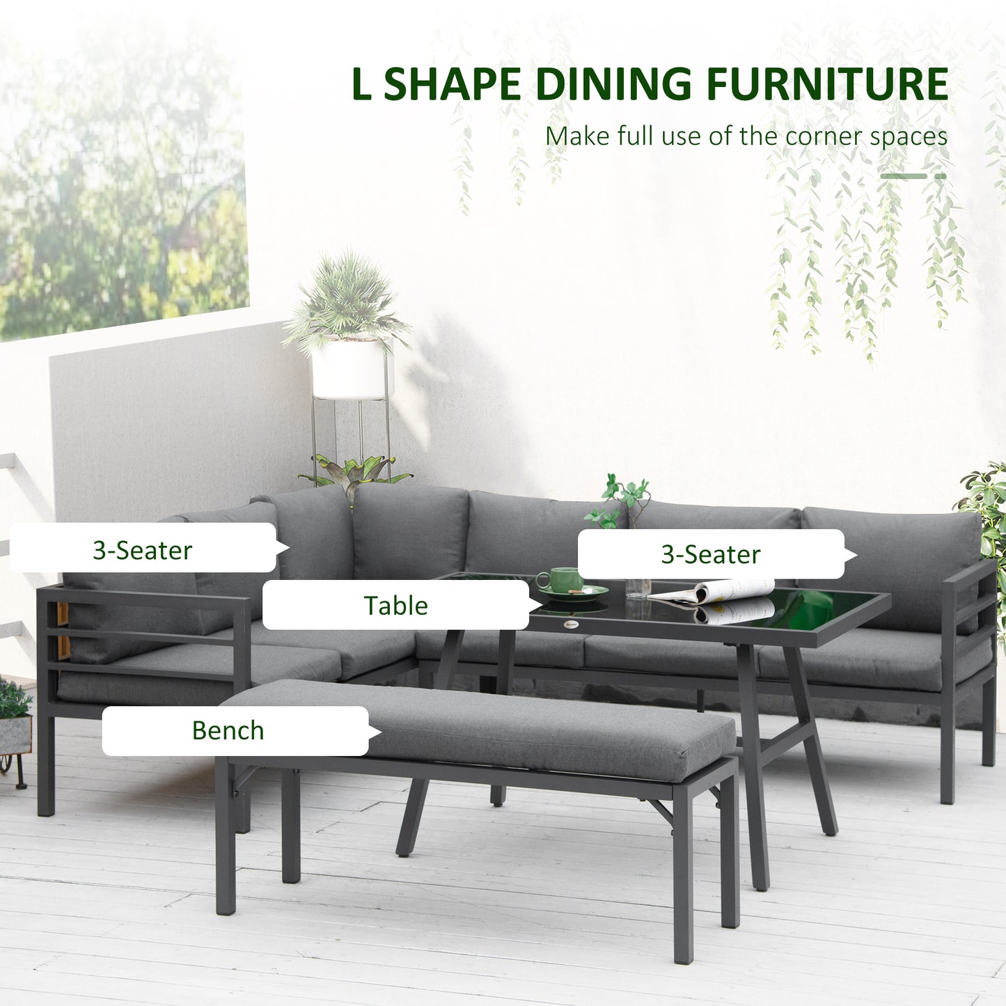 Rovama 8 Seater L-Shaped Garden Furniture Set with Glass Coffee Table and Bench