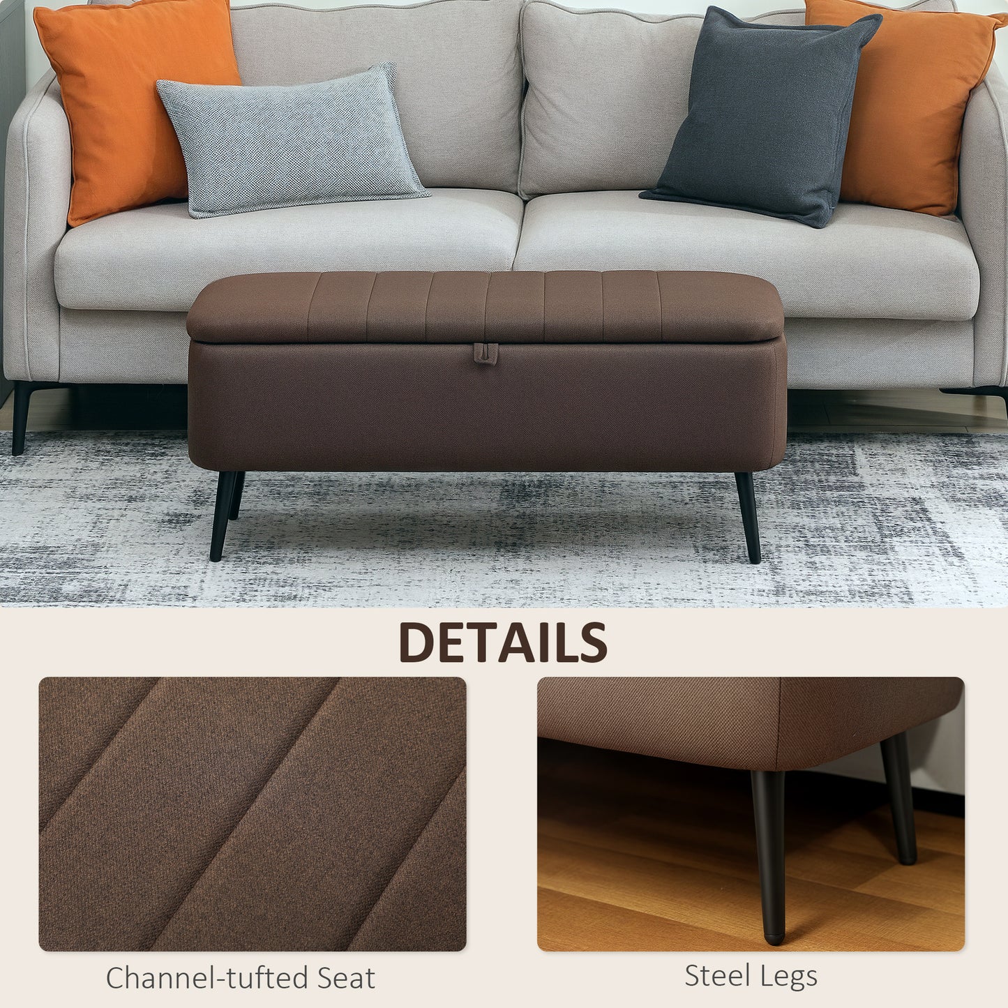 Mahano Linen Look Dark Brown Rectangle Storage Ottoman