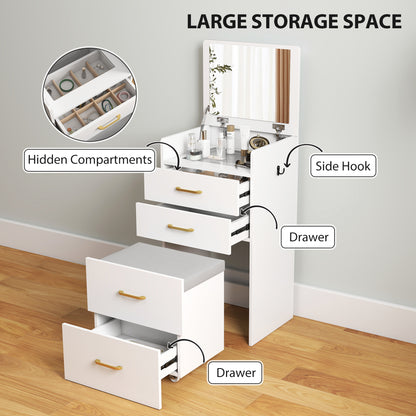 Yova White Compact Dressing Table And Stool Set With Storage