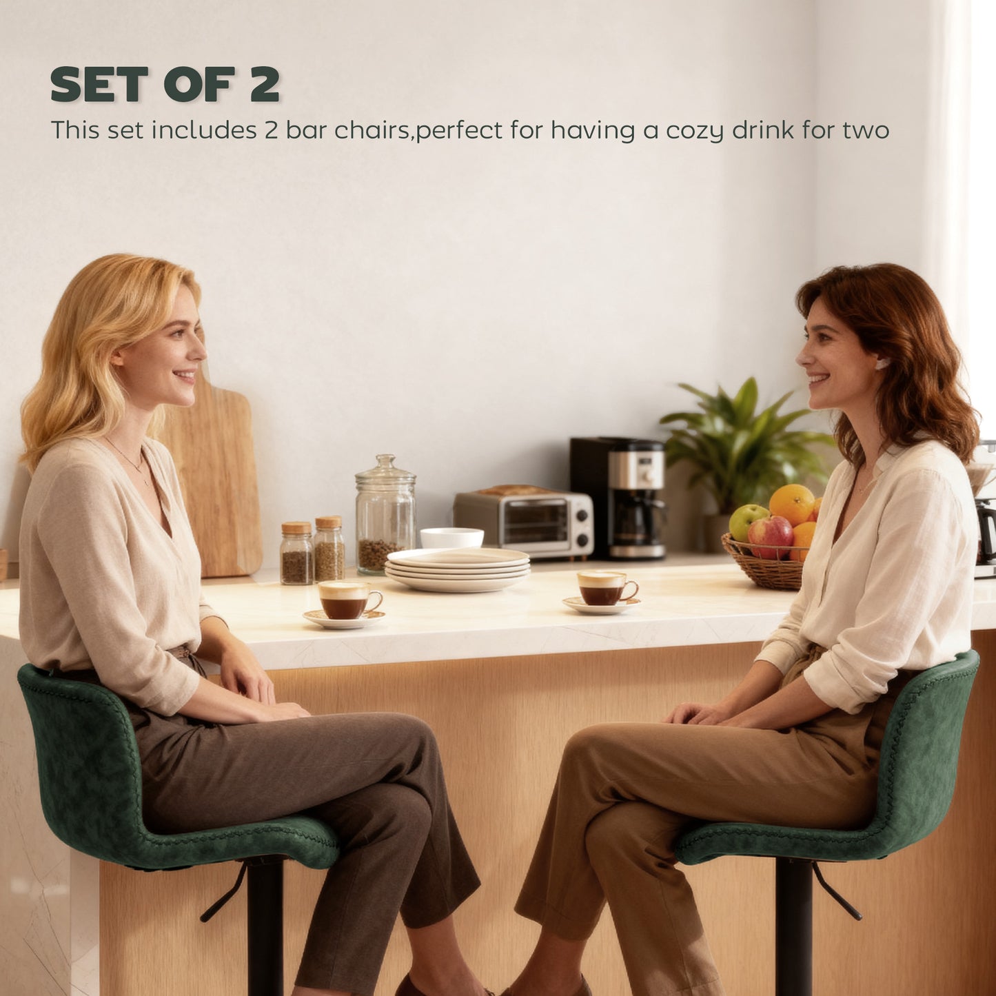 Kekero Set Of 2 Green Faux Leather Counter Bar Chairs With Back And Footrest