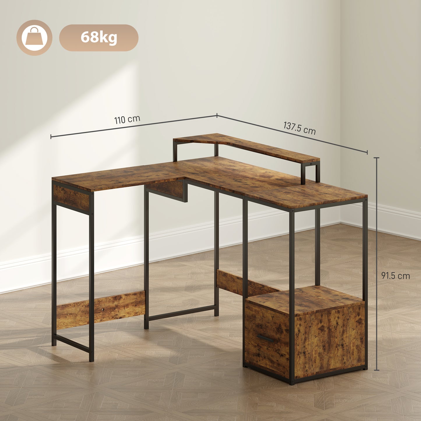 Raleno 137.5cm Brown Industrial L Shaped Multi Purpose Work Desk
