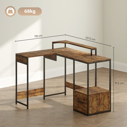 Raleno 137.5cm Brown Industrial L Shaped Multi Purpose Work Desk