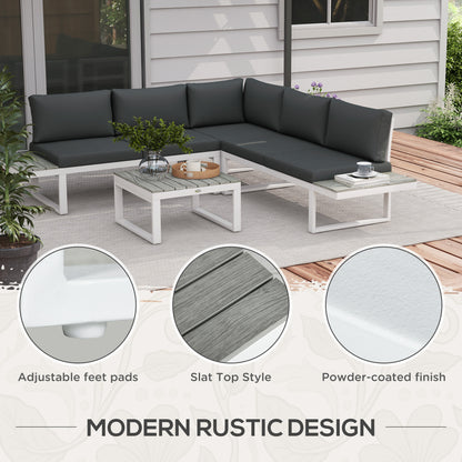 Vayo Metal White Frame 5 Seater Reclining Corner Garden Sofa Set With Wood Effect Table And Grey Cushions