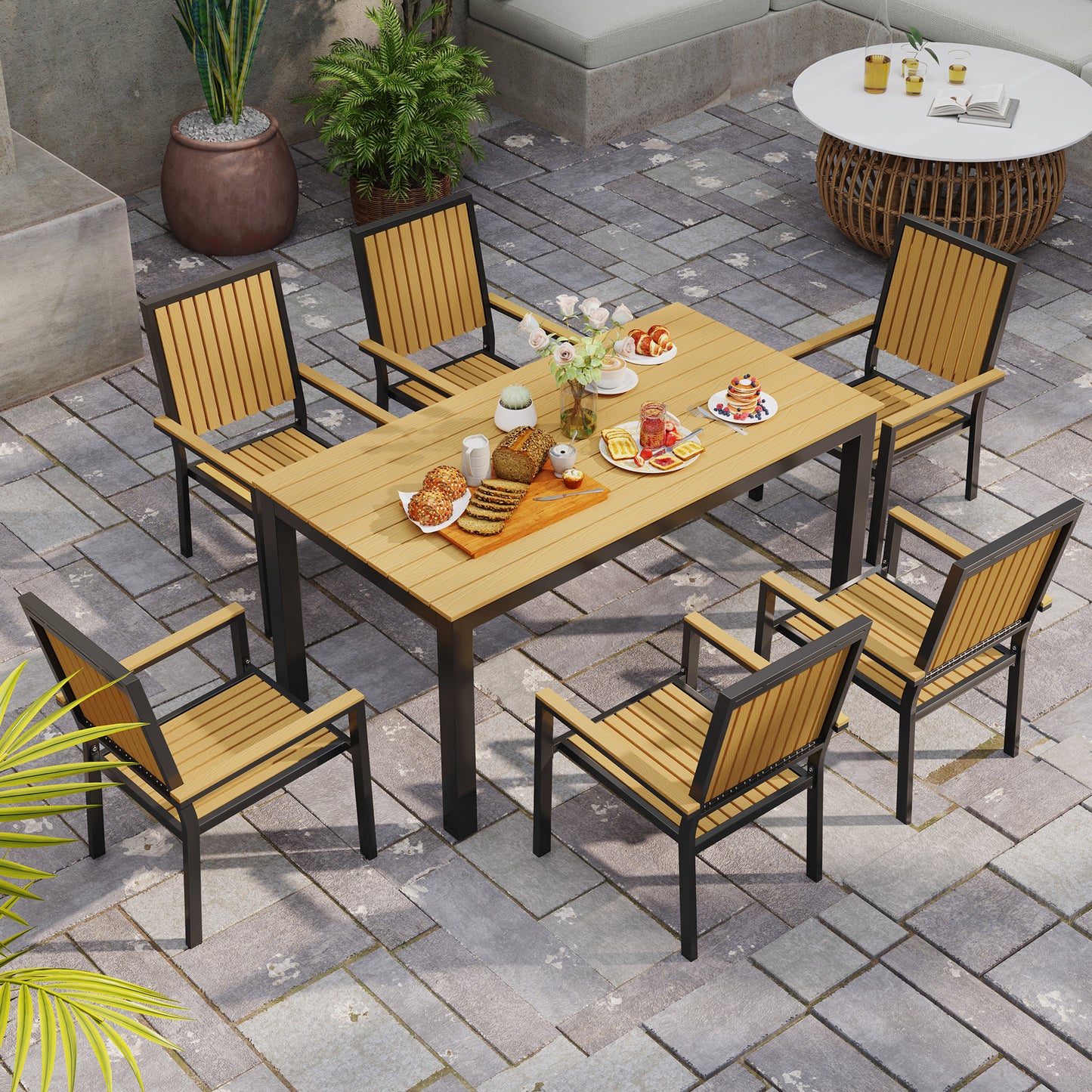 Rido 6 Seater Natural Wood and Black Metal Garden Dining Set with Stackable Chairs