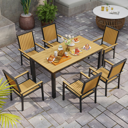 Rido 6 Seater Natural Wood and Black Metal Garden Dining Set with Stackable Chairs