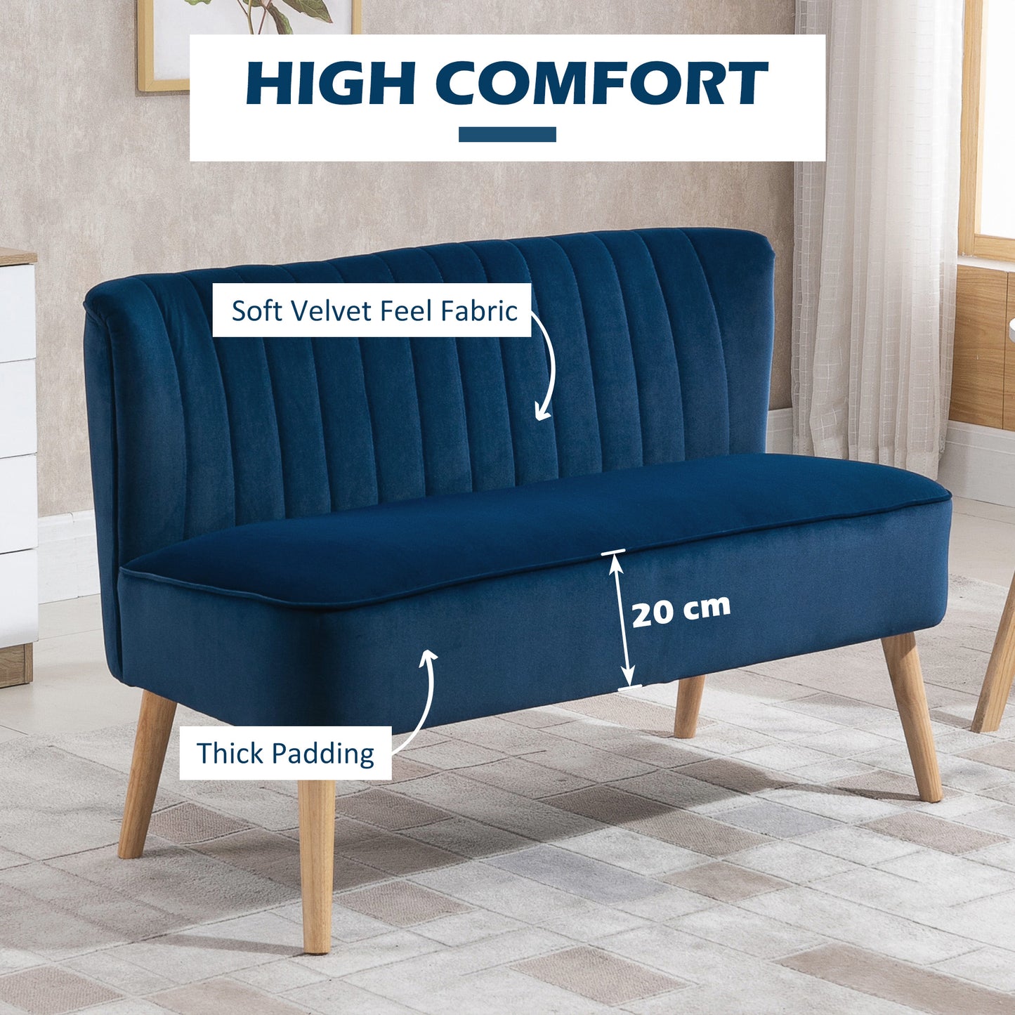 Haleco Dark Blue Fabric 2 Seater Love Sofa Panel Tufted Back Natural Wooden Legs
