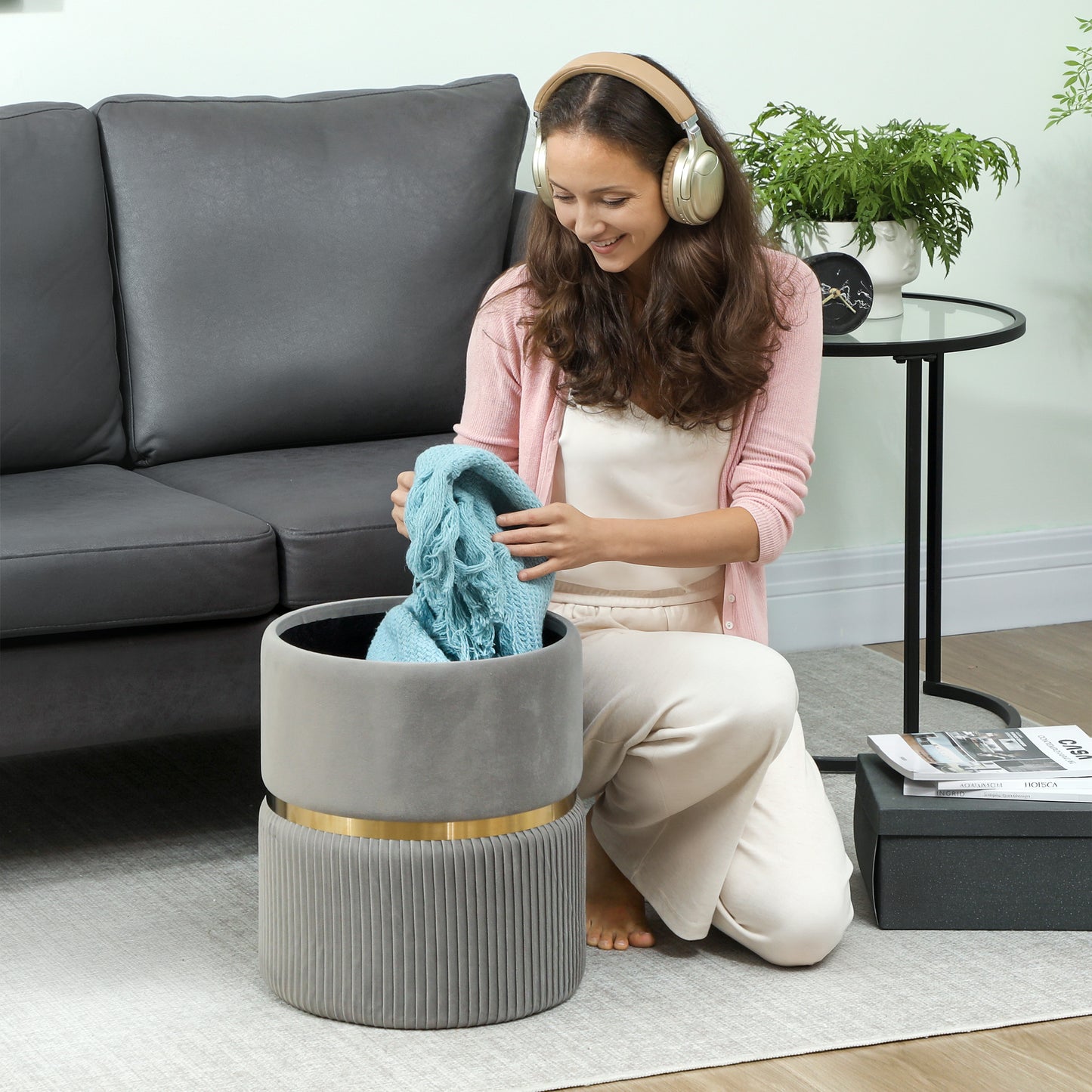 Rivera Velvet Light Grey Ribbed Storage Ottoman Gold Accent