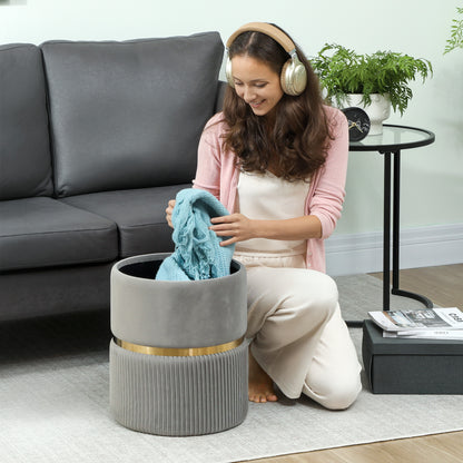 Rivera Velvet Light Grey Ribbed Storage Ottoman Gold Accent
