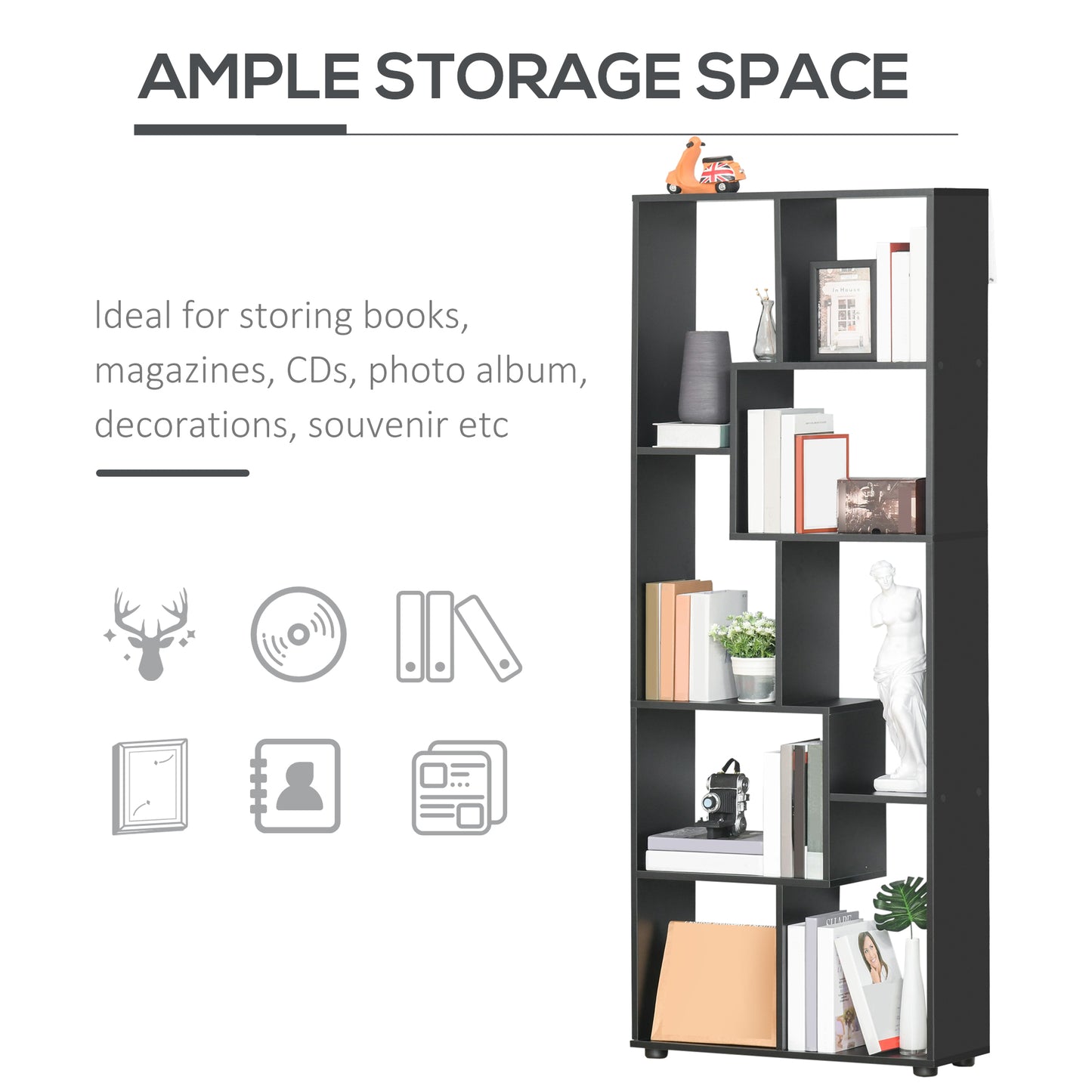 Rotolu Bado Wood Black 8 Tier Freestanding Grid Bookcase With Anti Tip Design