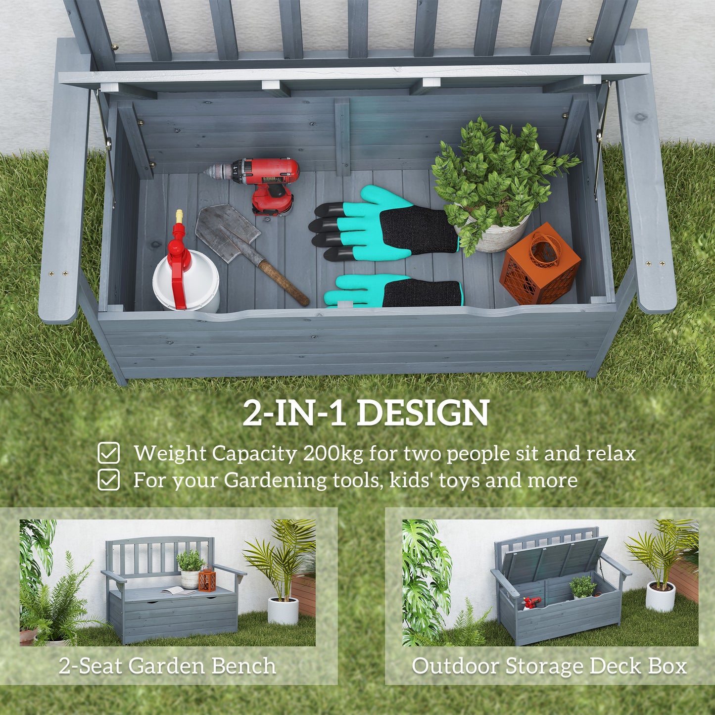 Cozicce Metal Grey 2 Seater Outdoor Storage Bench With Lift Up Seat