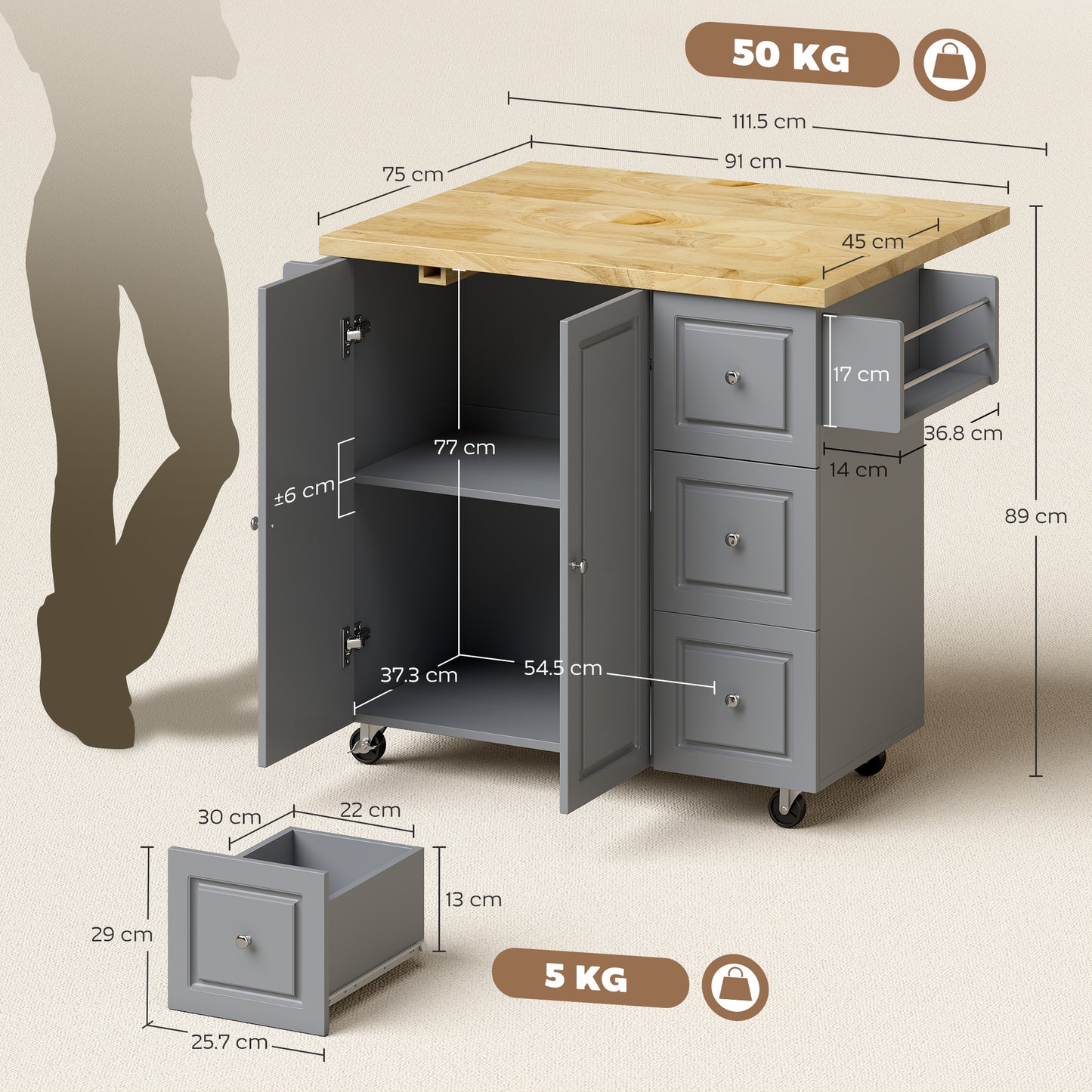 Norado Grey and Natural Wooden Rolling Kitchen Island With Drop Leaf Drawer Towel And Spice Racks