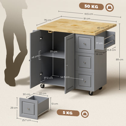 Norado Grey and Natural Wooden Rolling Kitchen Island With Drop Leaf Drawer Towel And Spice Racks