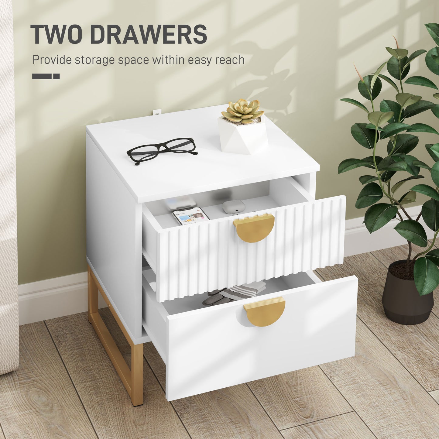 Coelta Loni White and Gold Elegant 2 Drawer Bedside Table Ribbed Pattern