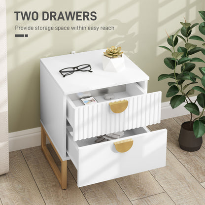 Coelta Loni White and Gold Elegant 2 Drawer Bedside Table Ribbed Pattern