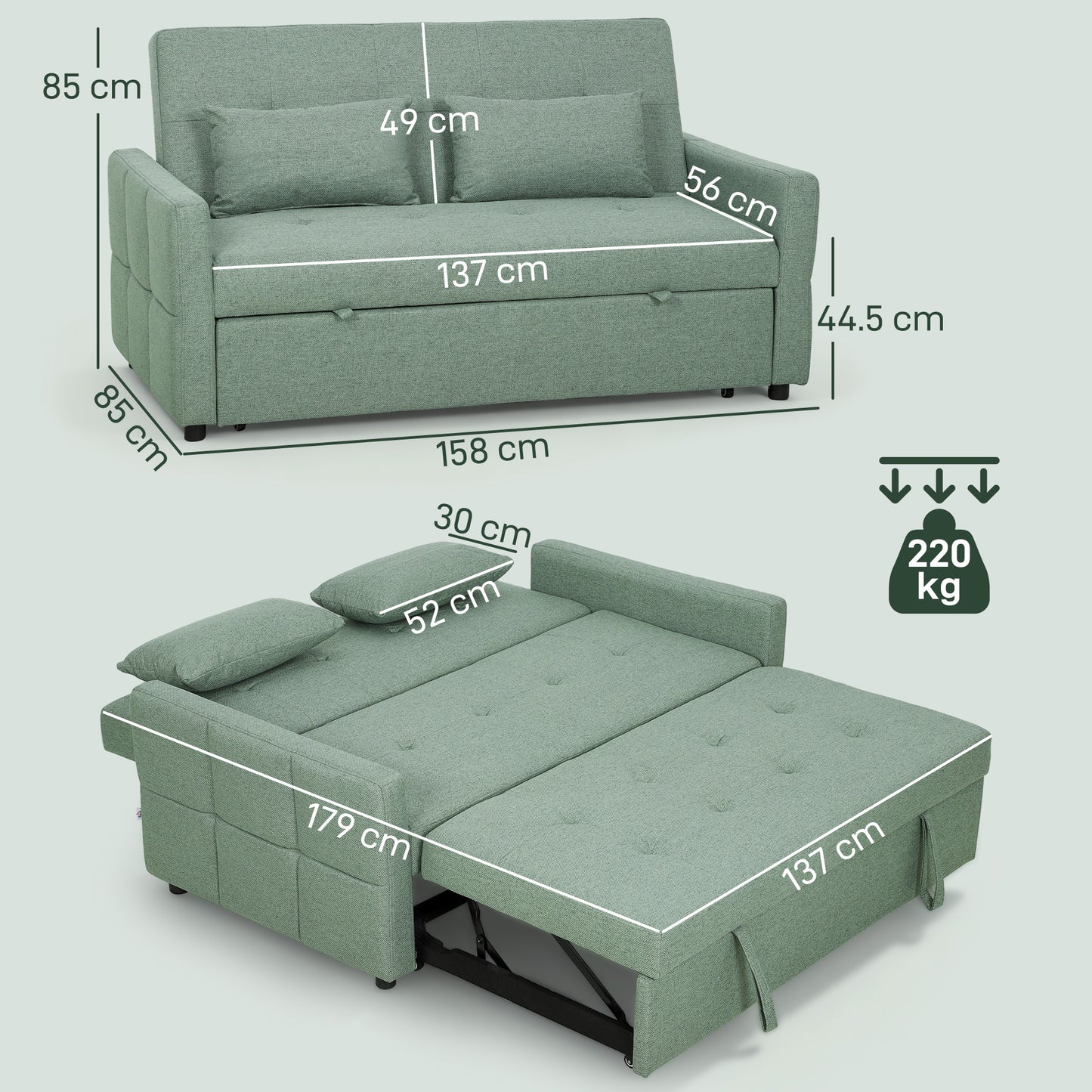 Nenase Mint Green Upholstered 3 Way Convertible 2 Seater Sofa Bed
