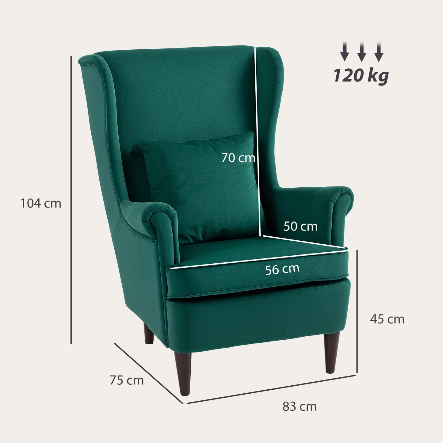 Velvet Dark Green Wingback Accent Chair With High Back Pillow And Wooden Legs