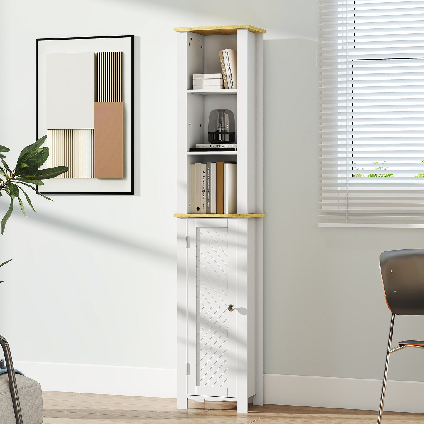 Nifael Favi Slim Bathroom Storage Cabinet With OFauxn Compartment And Adjustable Shelves White 34 x 23 x 165 cm