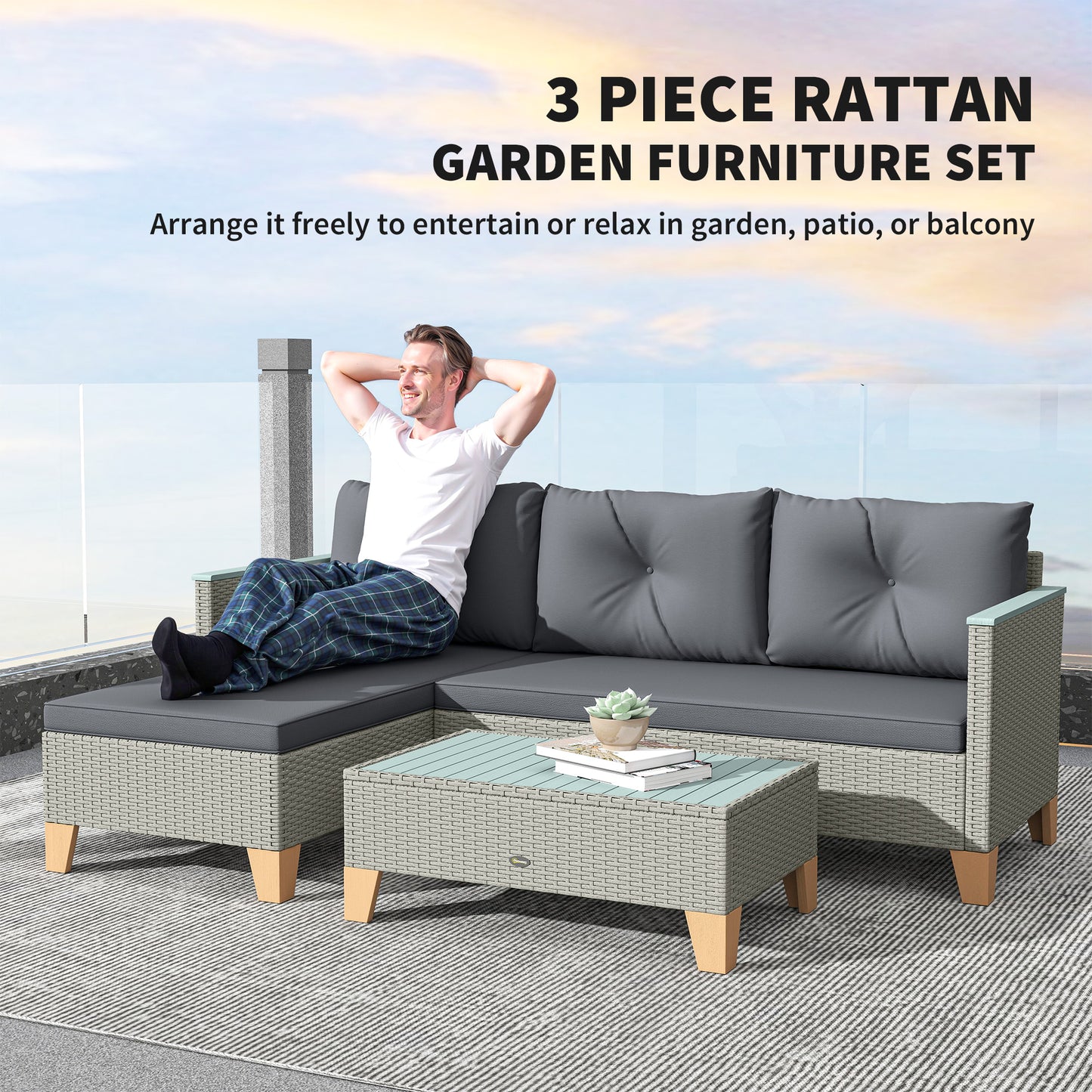 Tozivi Rattan Grey 3 Piece L Shaped Outdoor Conversation Set With Wood Top Table